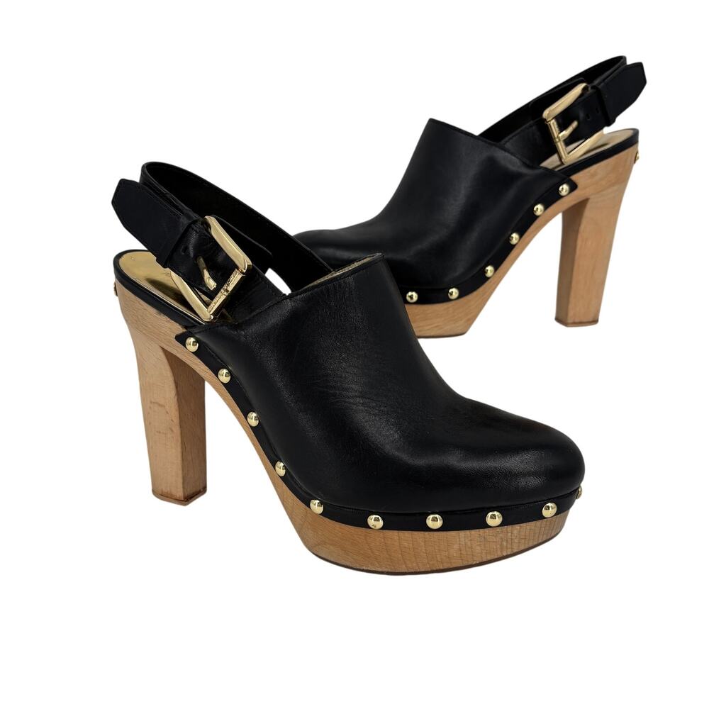 Michael Kors Beatrice Platform Clog‎ 8.5 Black Leather Studded Wood Heel Buckle